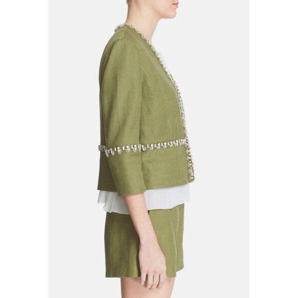 NEW! TORY BURCH Avery Hills Embellished Jacket Linen Blend Green SZ 4 - Picture 6 of 16